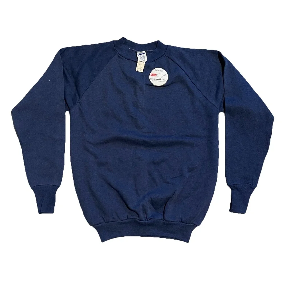 NOS Vintage 70s‎ 80s Healthknit Navy Pullover Crewneck Sweatshirt Youth Size L